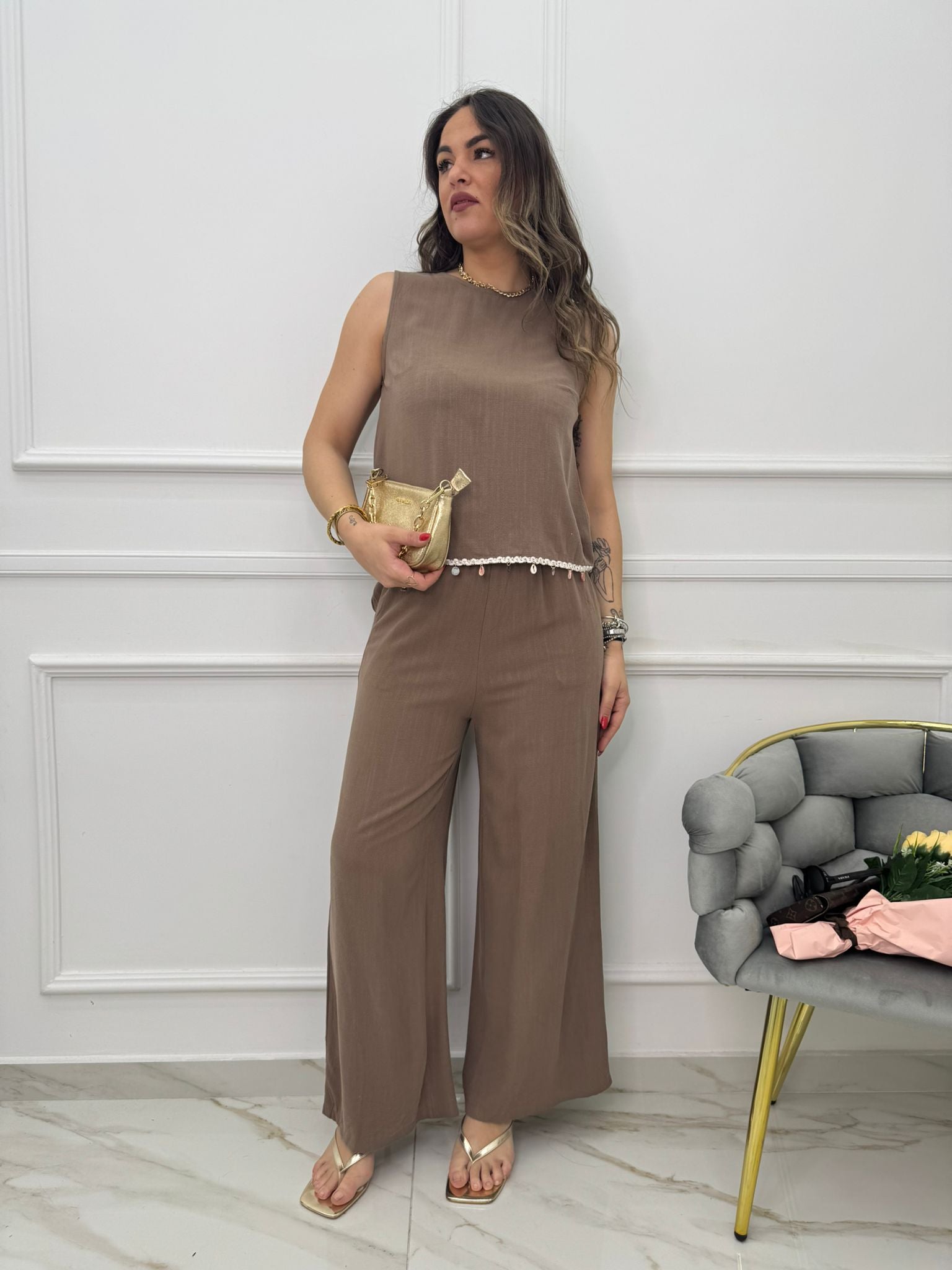 Coordinato 2 pezzi in simil lino con pantalone palazzo
