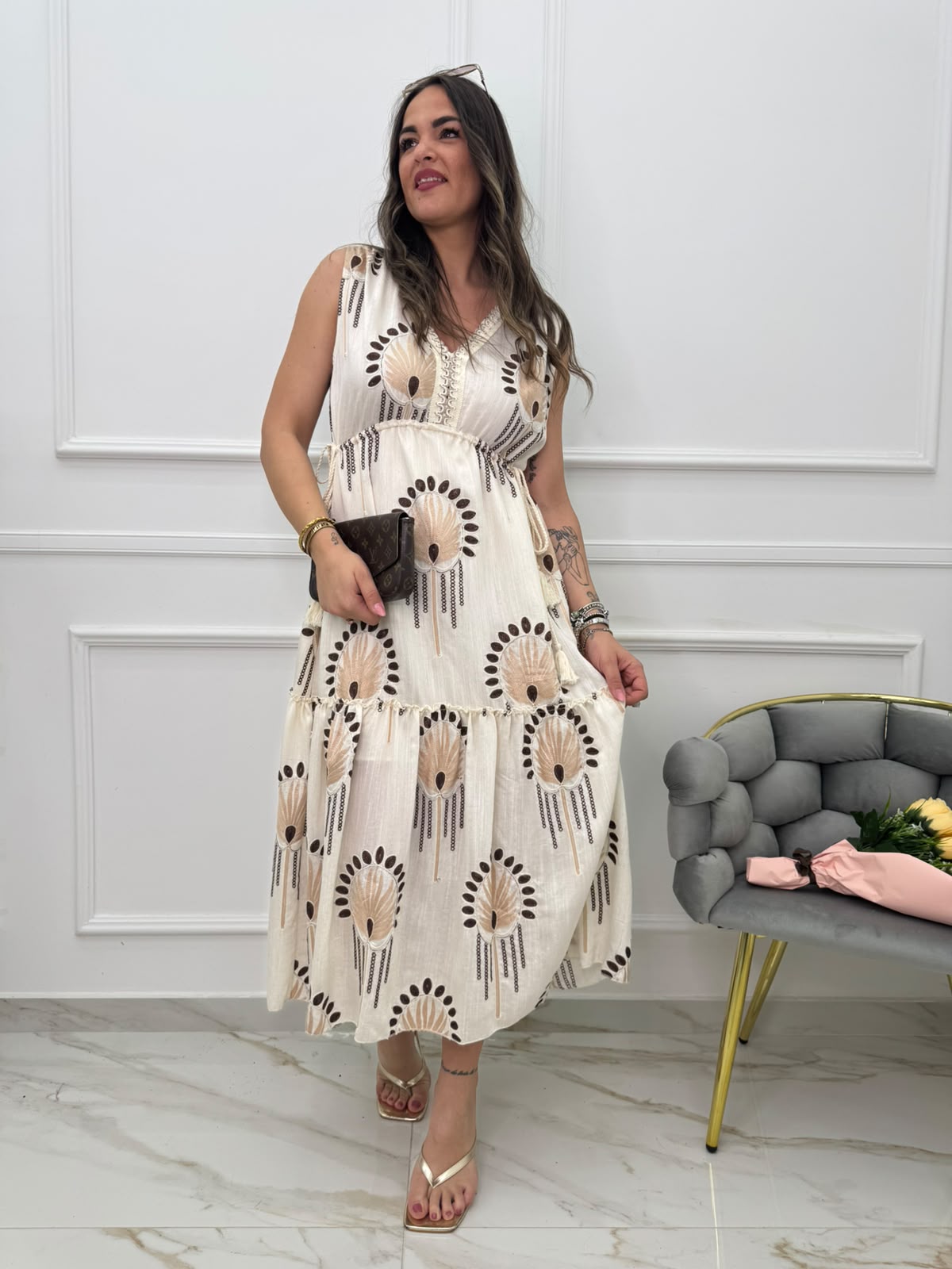 Vestito lungo giro manica effetto lino con lacci regolabili