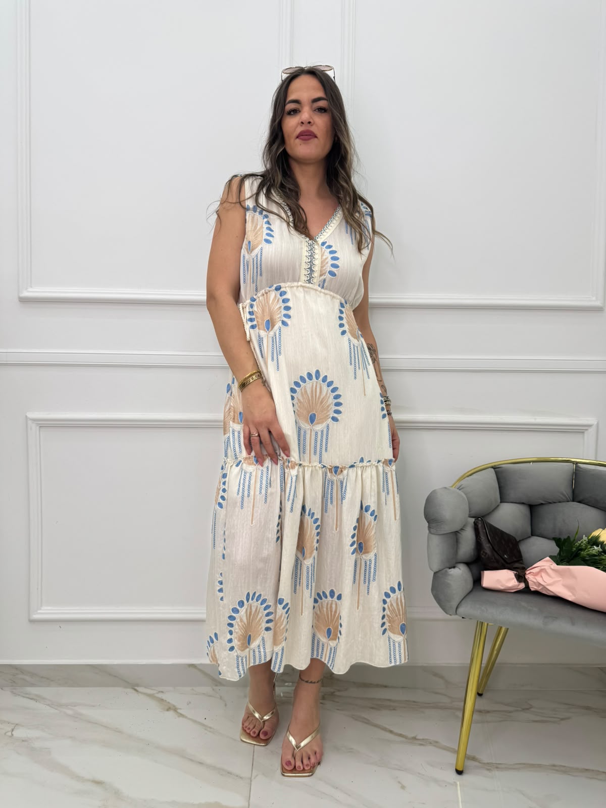 Vestito lungo giro manica effetto lino con lacci regolabili