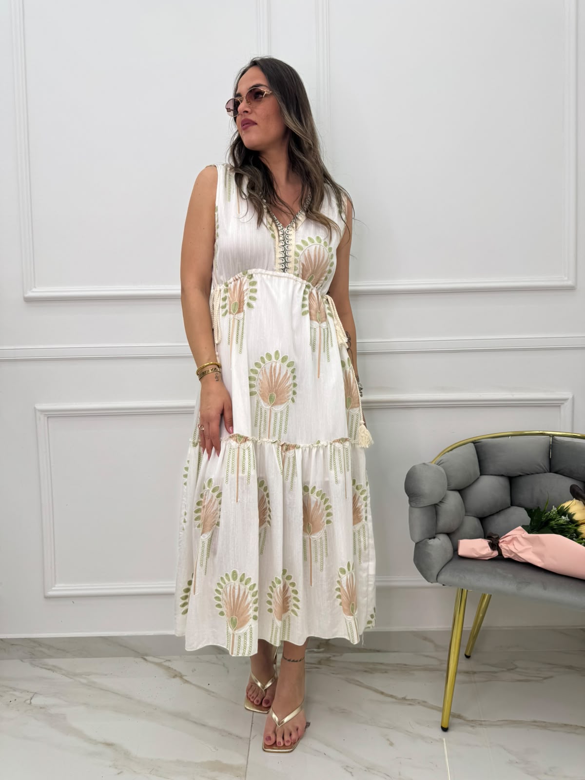 Vestito lungo giro manica effetto lino con lacci regolabili