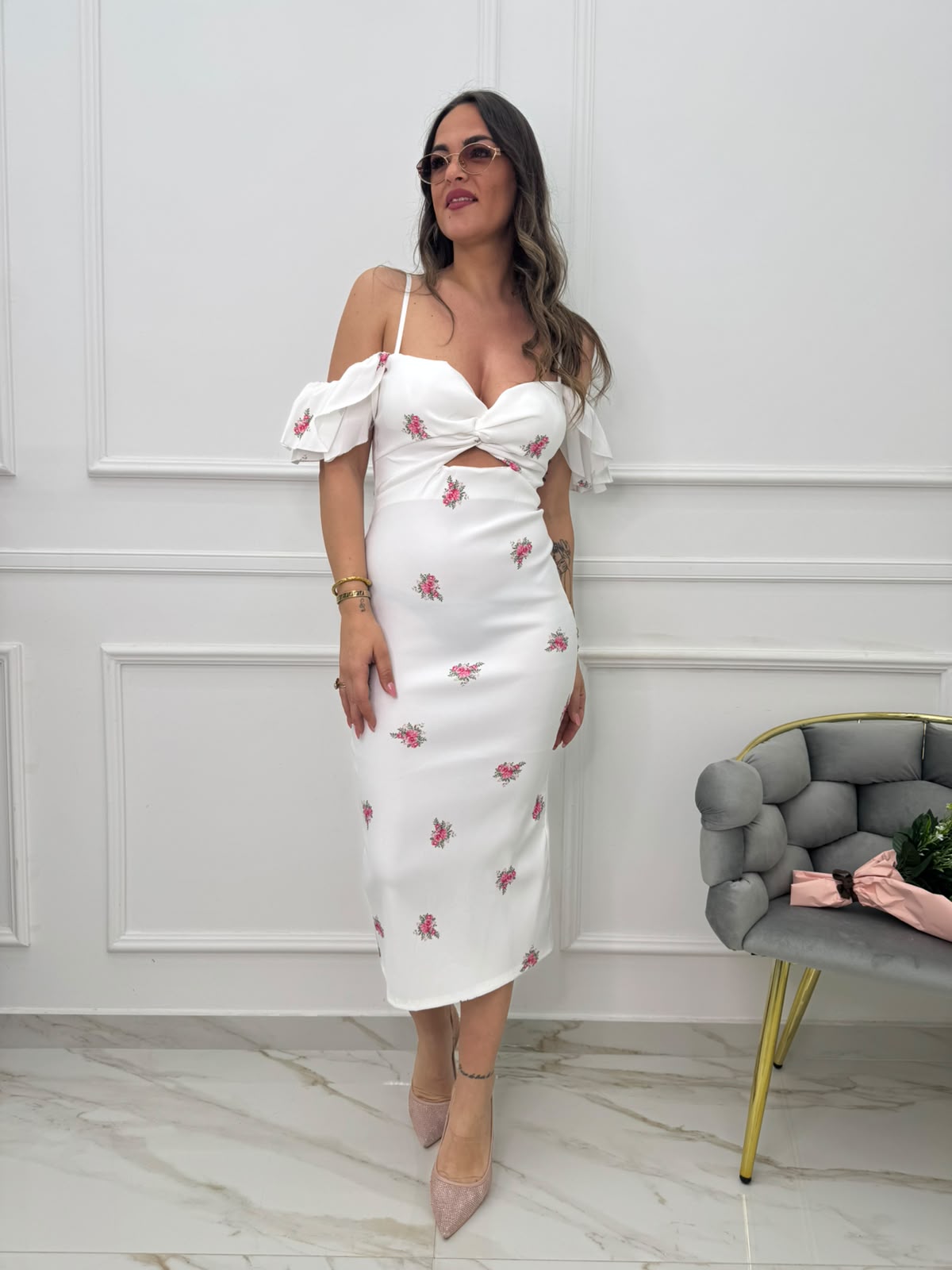 Vestito midi fantasia fiori con scollo a nodo