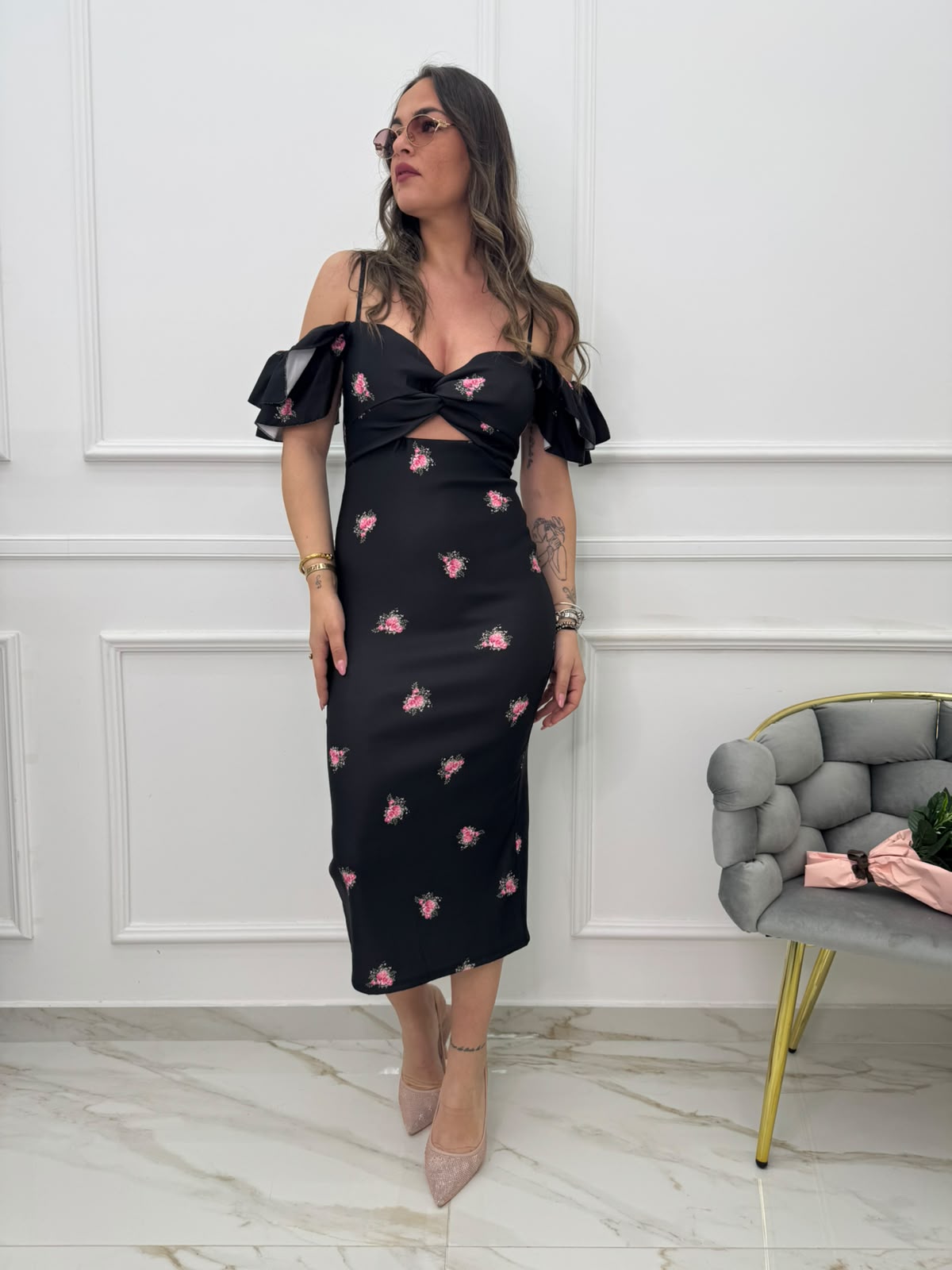 Vestito midi fantasia fiori con scollo a nodo