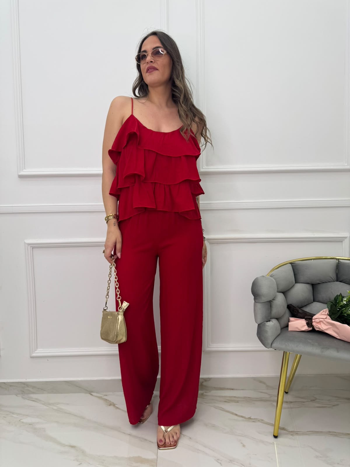 Coordinato 2 pezzi con pantalone palazzo e top con balze
