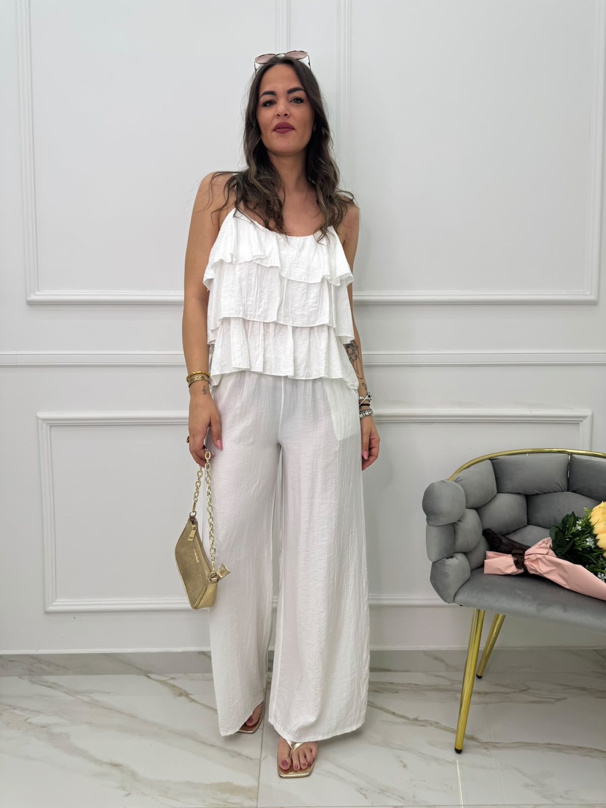 Coordinato 2 pezzi con pantalone palazzo e top con balze