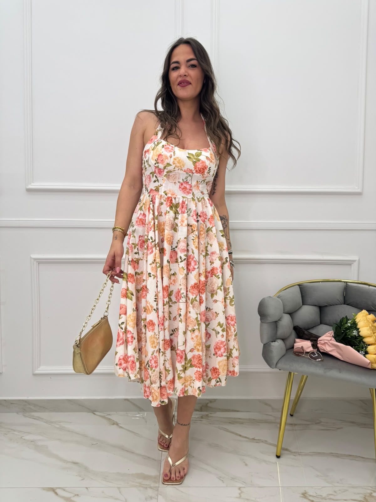 Vestito midi floreale effetto lino scampanato