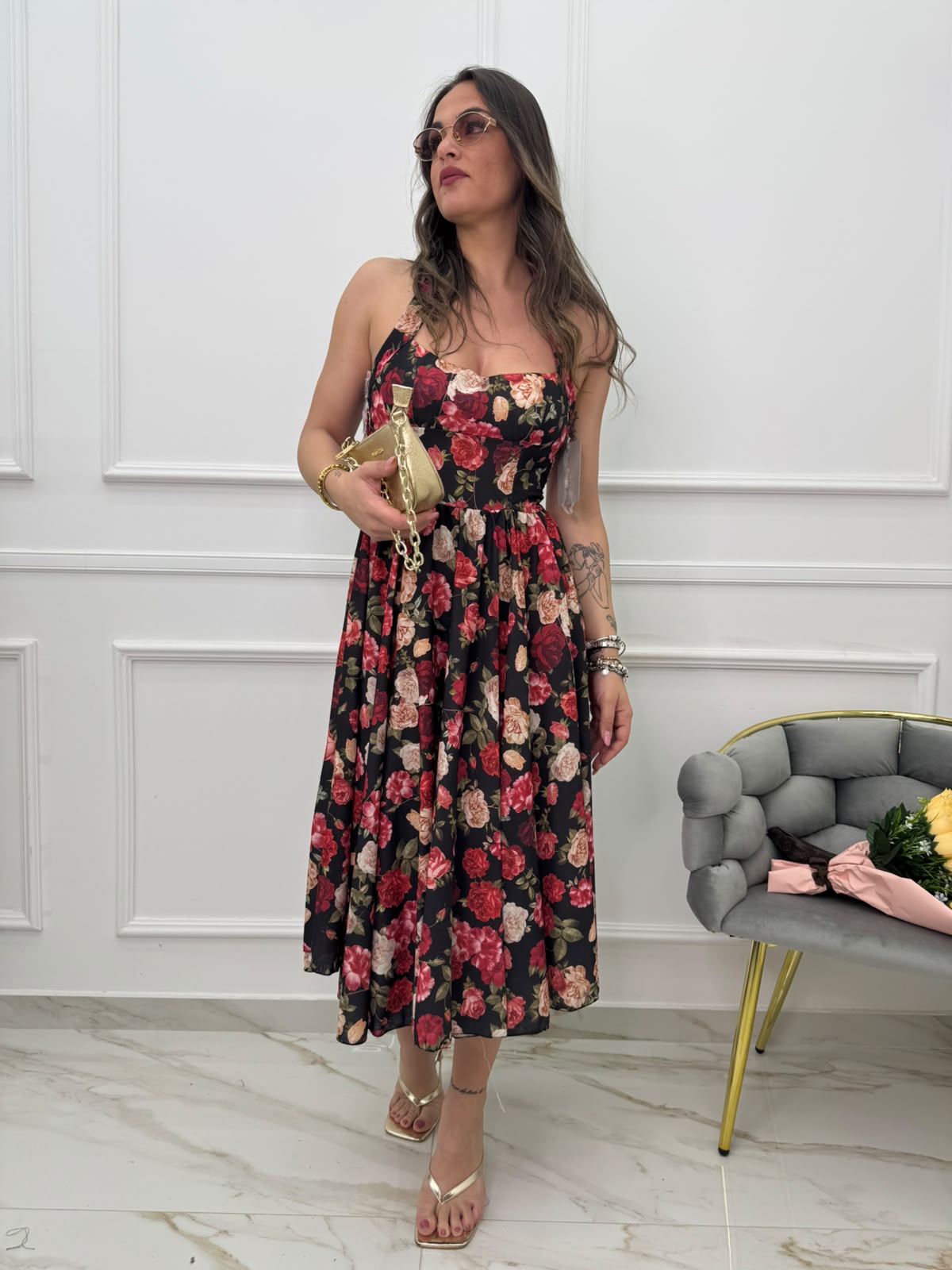 Vestito midi floreale effetto lino scampanato
