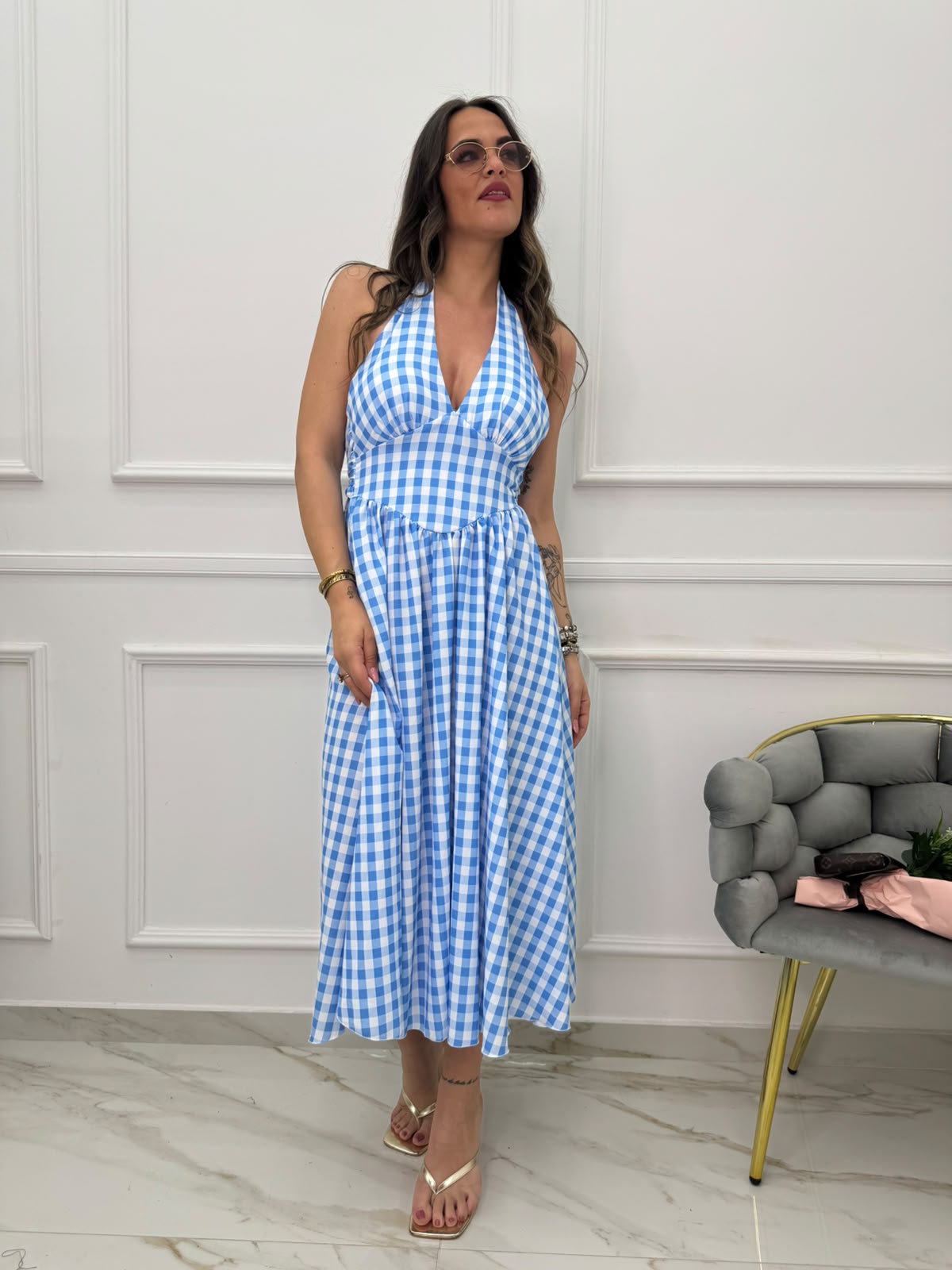 Vestito midi scampanato fantasia quadri