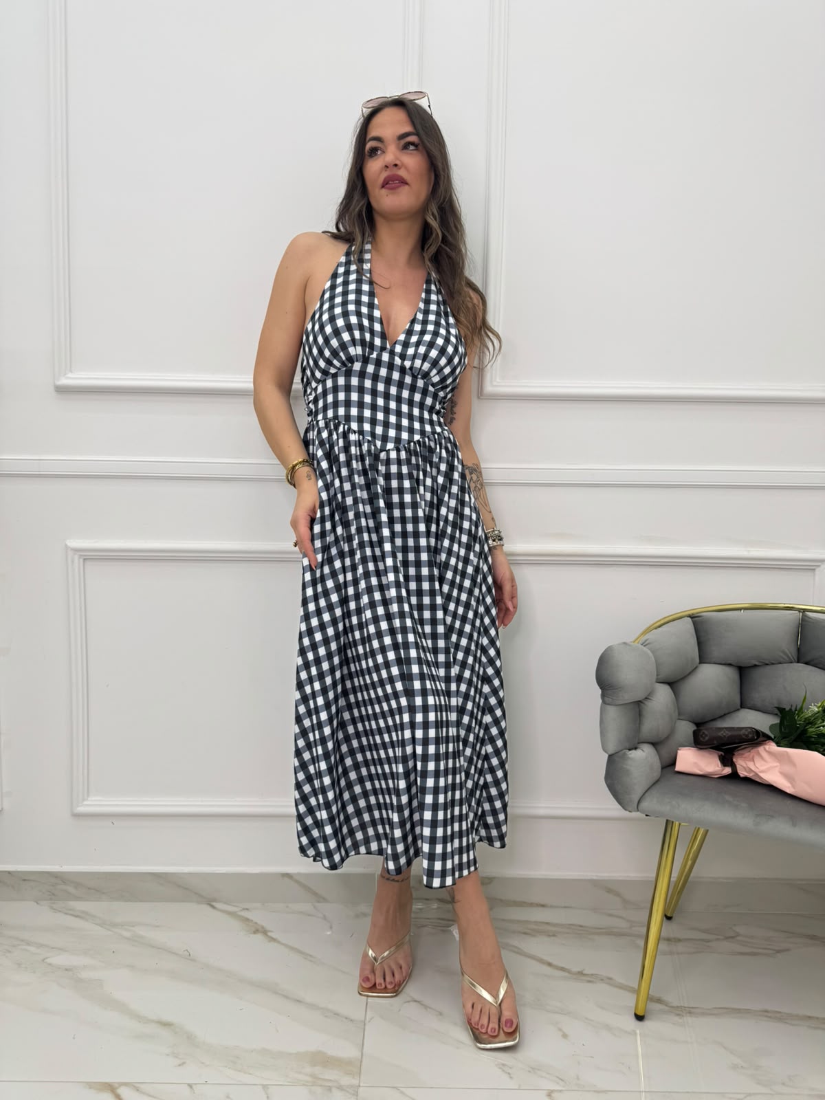Vestito midi scampanato fantasia quadri