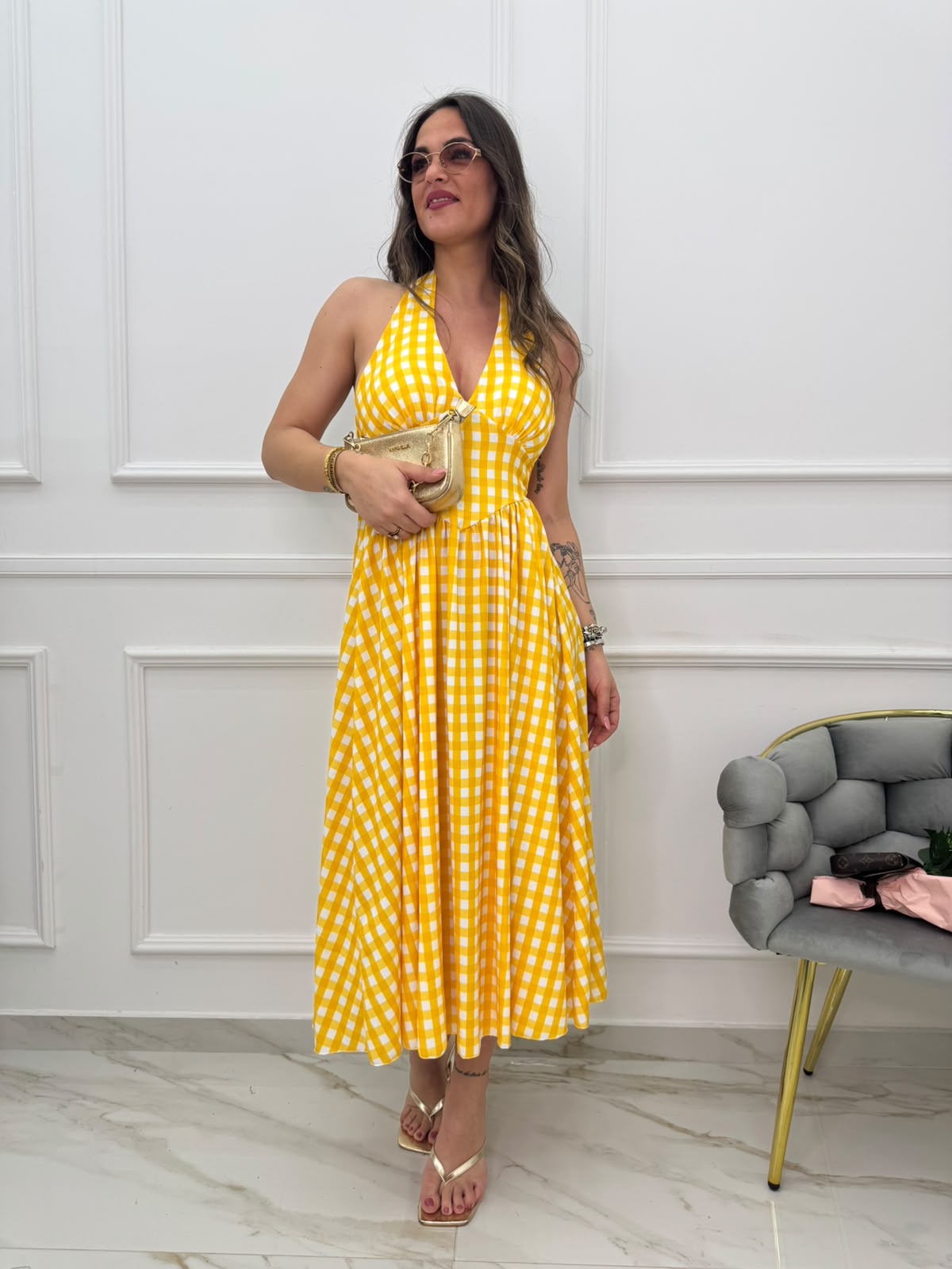 Vestito midi scampanato fantasia quadri
