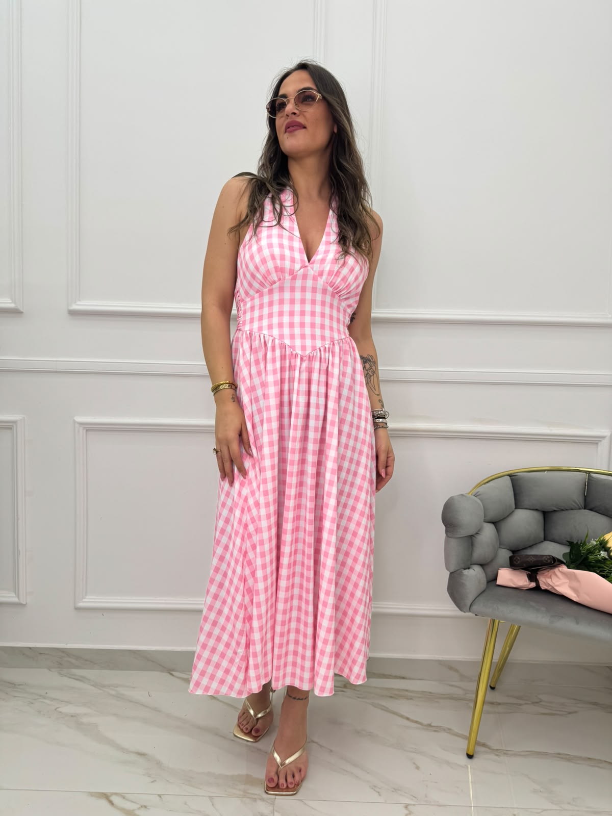 Vestito midi scampanato fantasia quadri