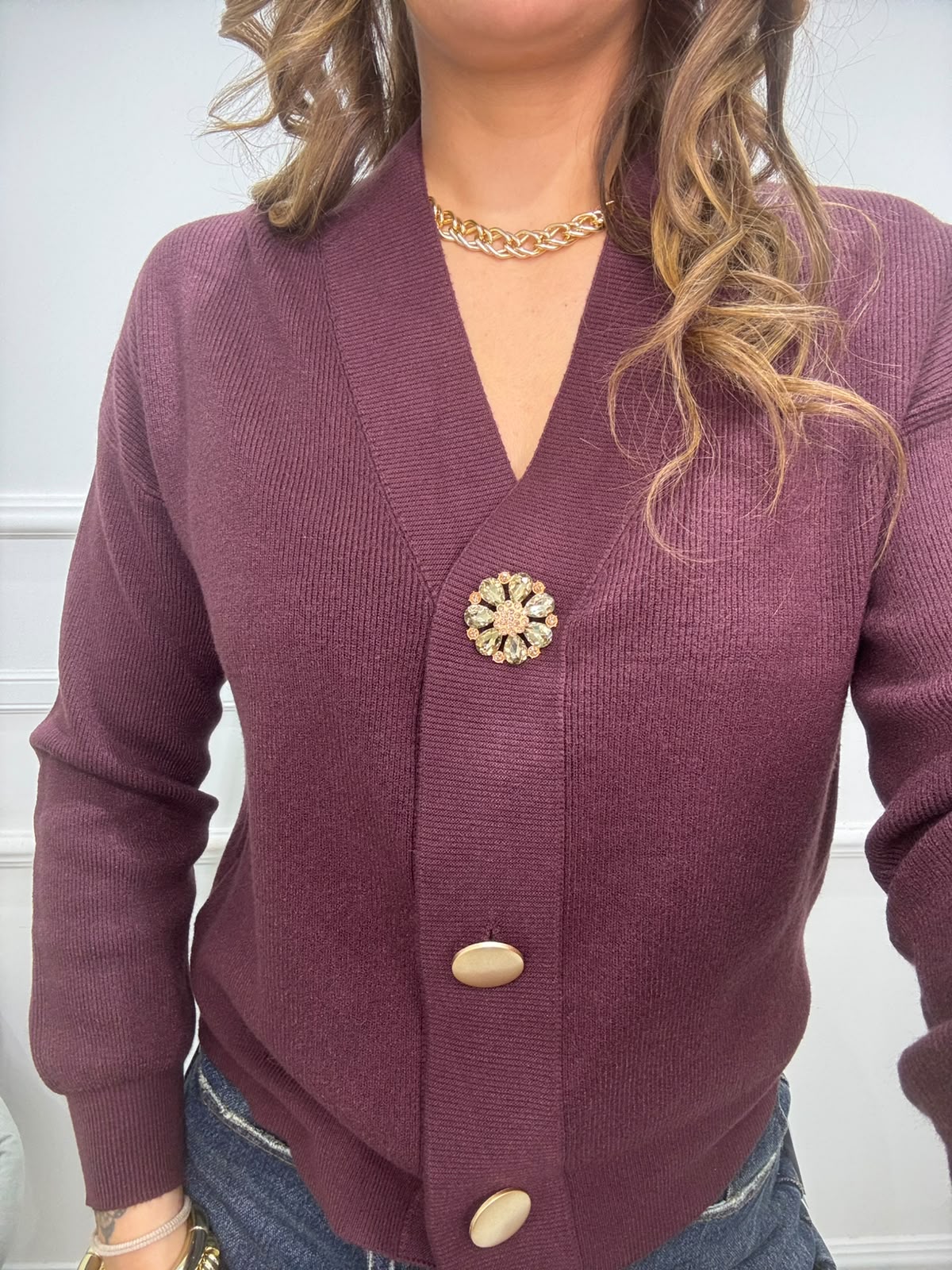 Cardigan in lana modello over con bottone gioiello