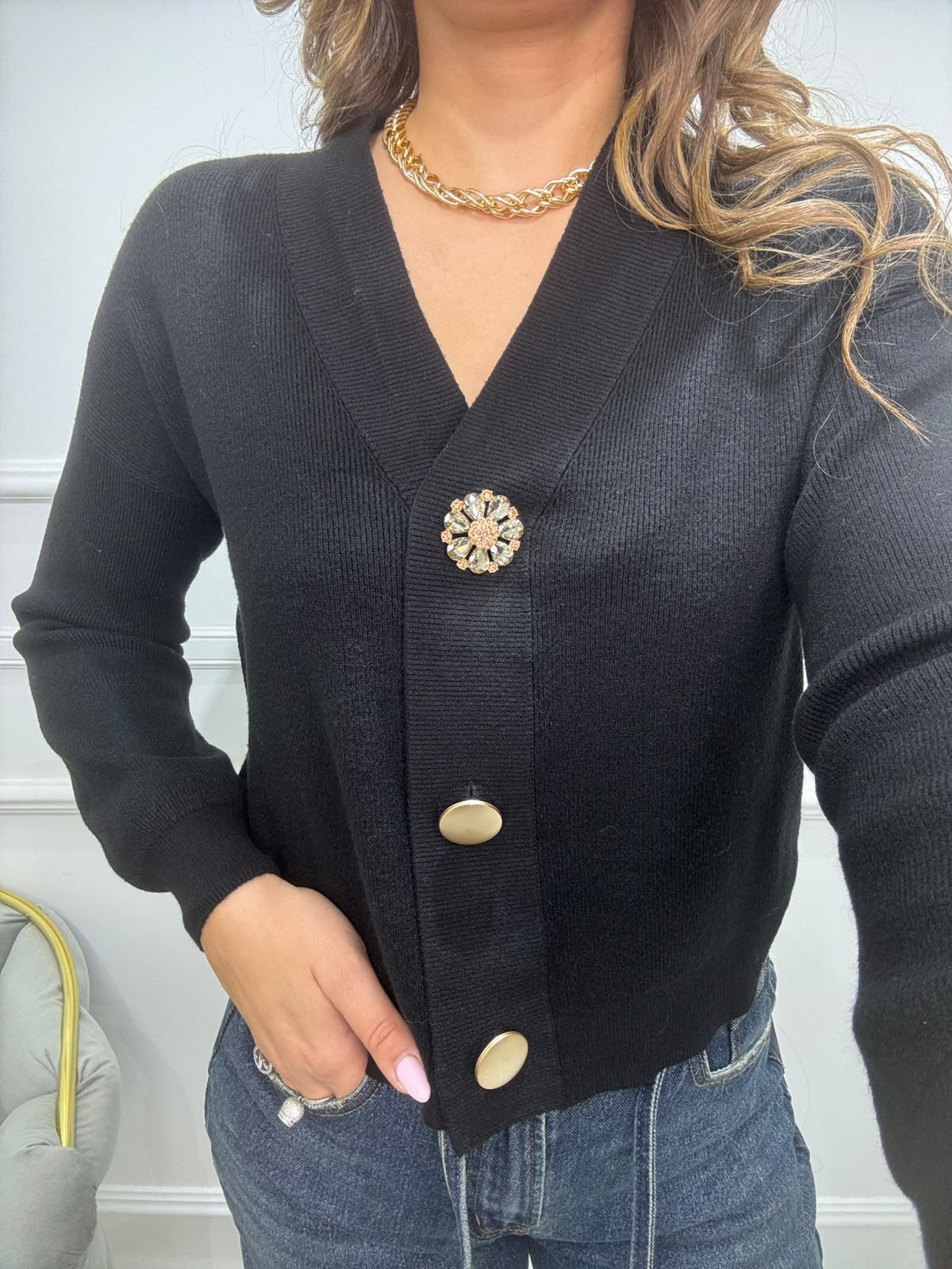 Cardigan in lana modello over con bottone gioiello