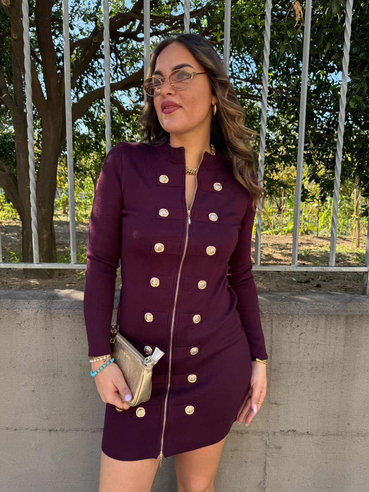 Vestitino in lana rasata con bottoni oro e zip