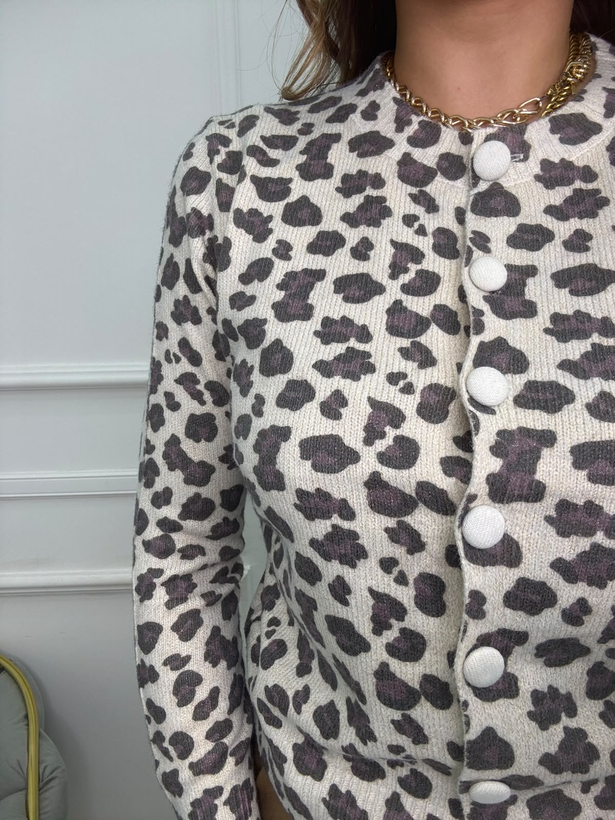 Cardigan laminato fantasia animalier giro collo