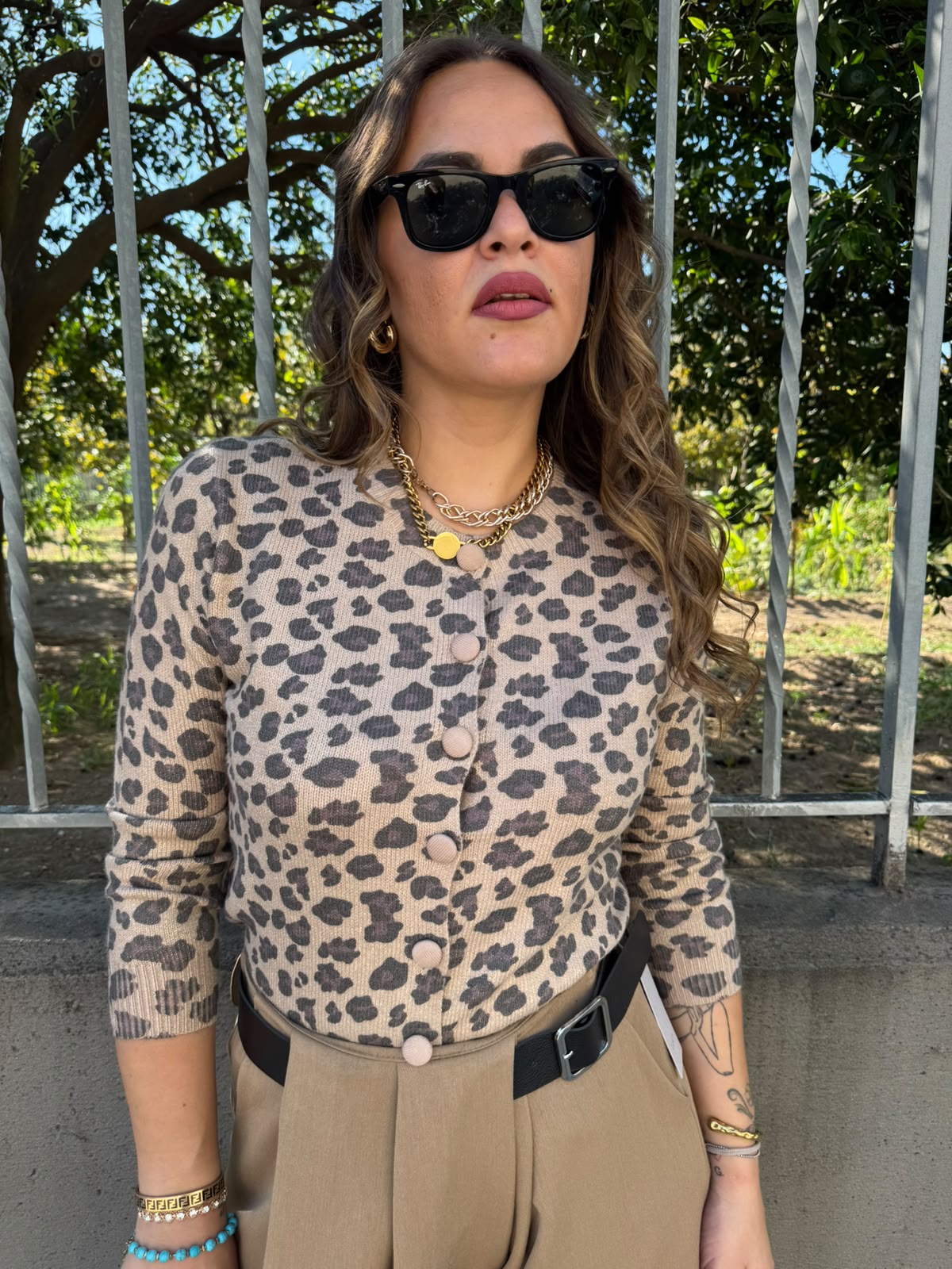 Cardigan laminato fantasia animalier giro collo