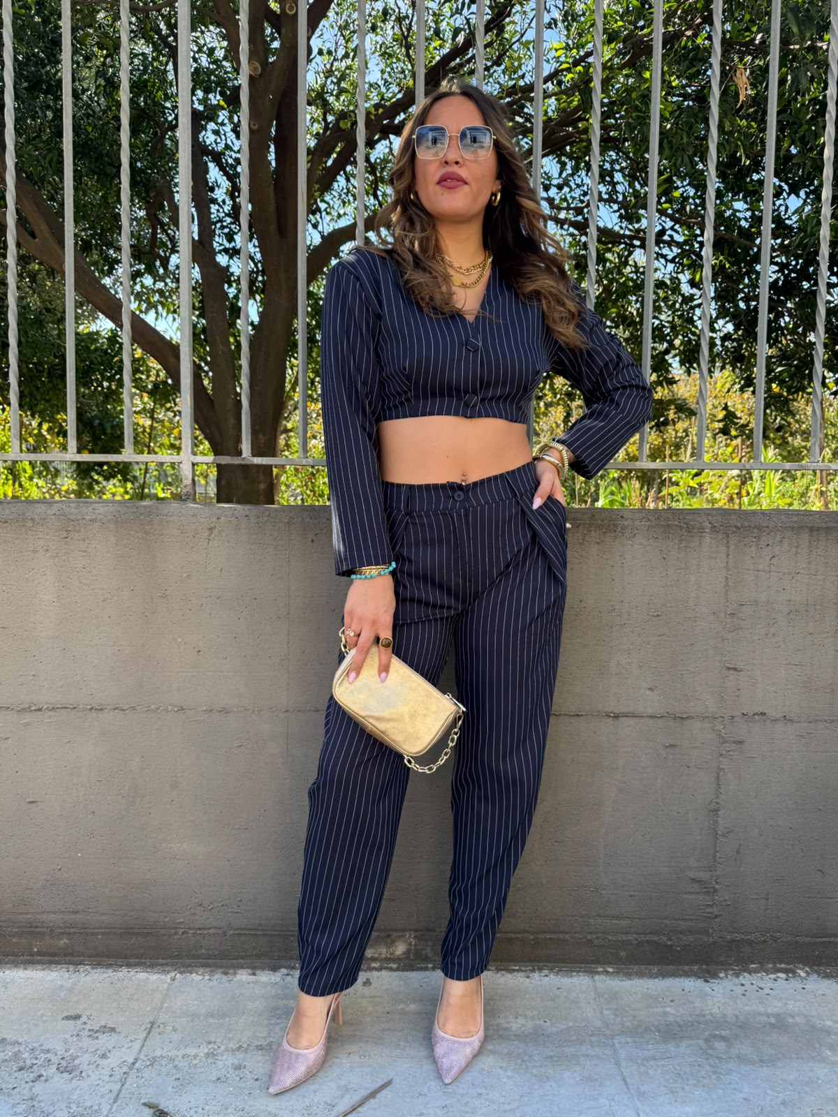 Coordinato 2 pezzi con pantalone e giacca crop a righe