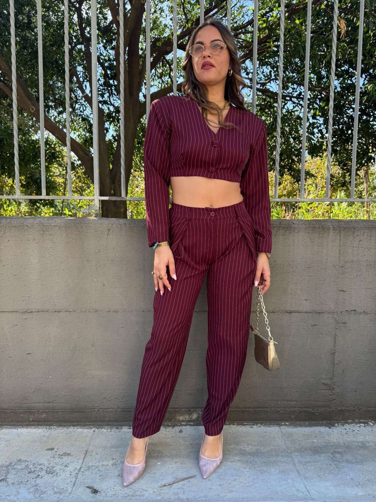 Coordinato 2 pezzi con pantalone e giacca crop a righe