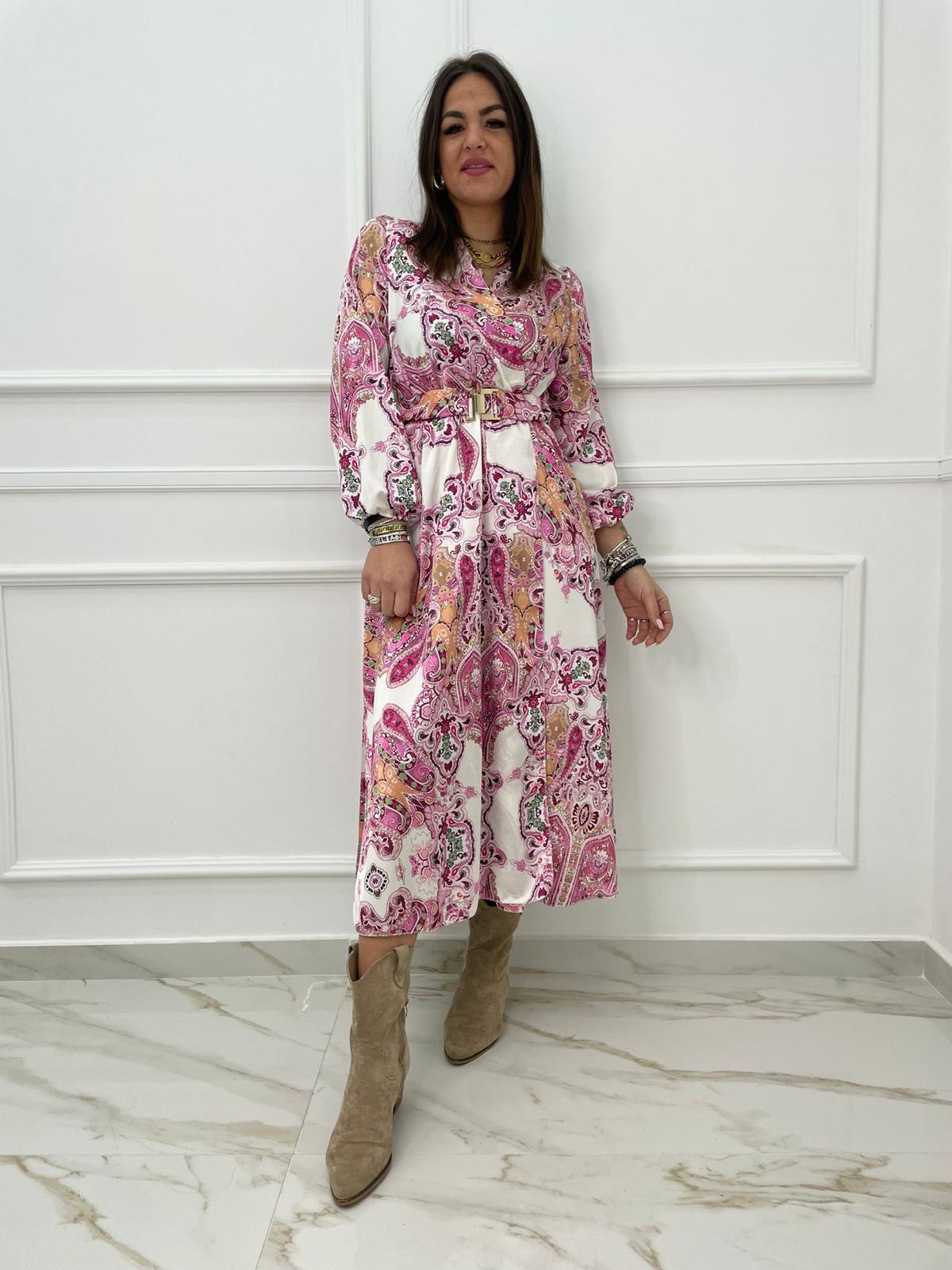 Vestito lungo fantasia etnica con cintura tono su tono