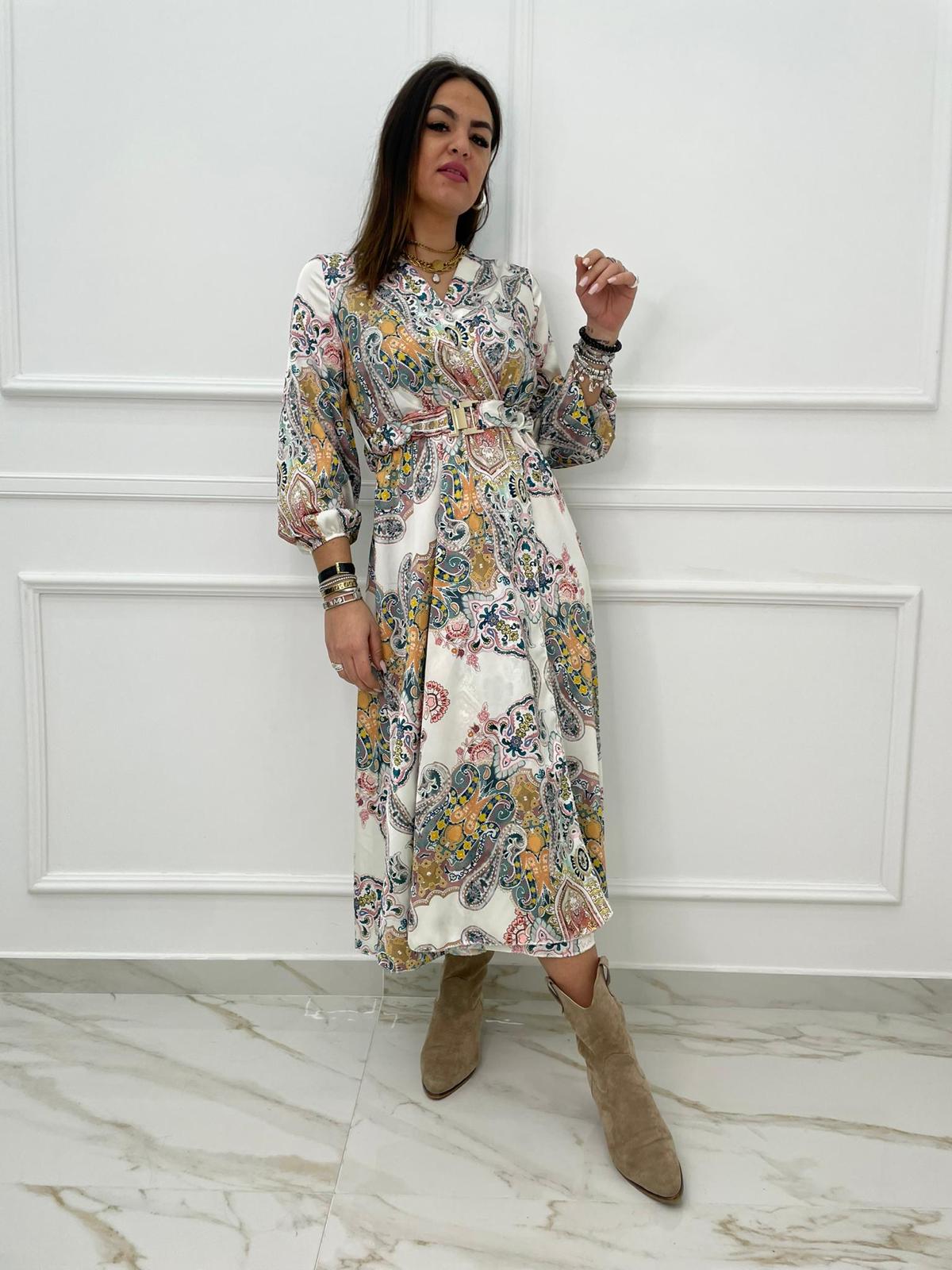 Vestito lungo fantasia etnica con cintura tono su tono