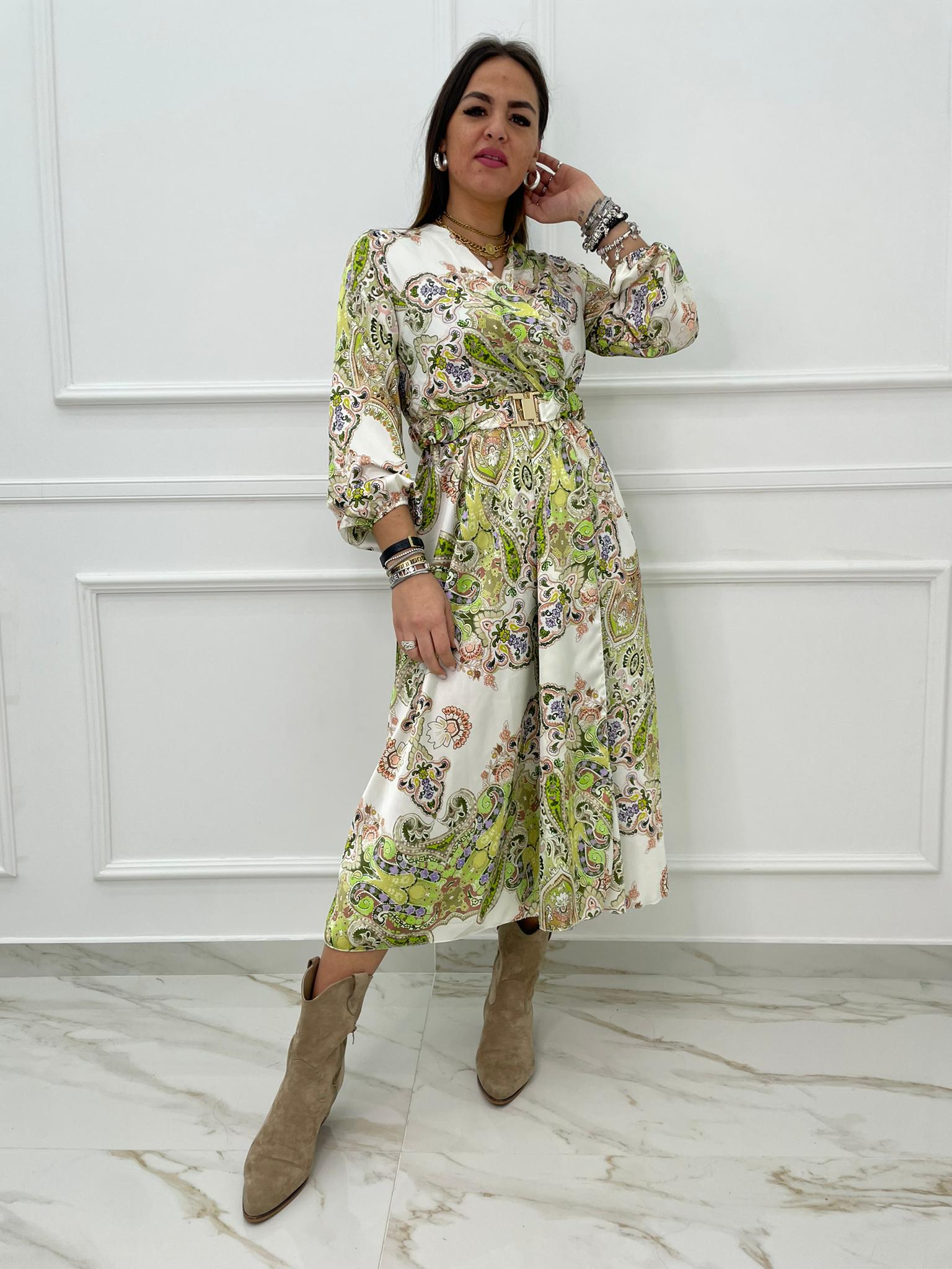 Vestito lungo fantasia etnica con cintura tono su tono