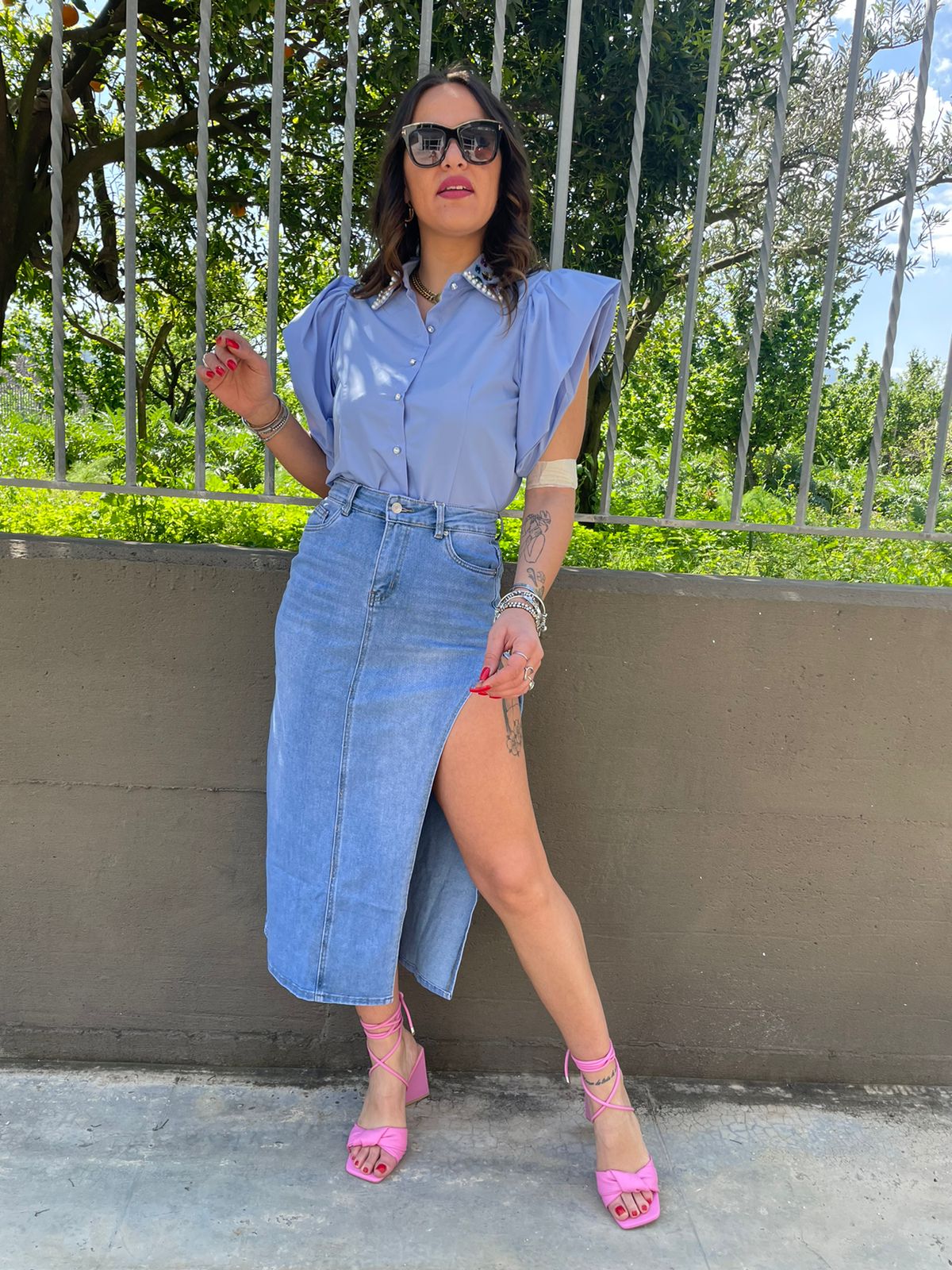 Gonna lunga di jeans con spacco ampio laterale - Main Image